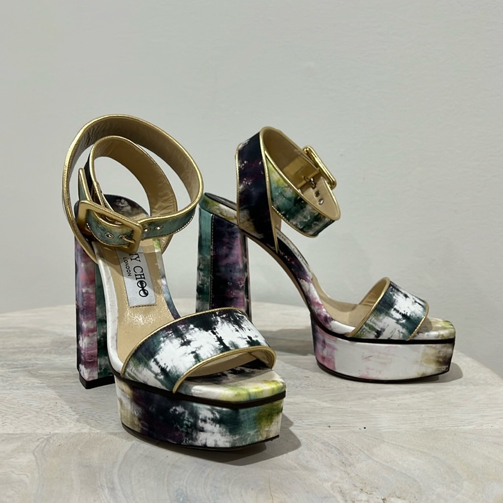 Jimmy Choo platform block heel sandal, gold green purple white, EU 35